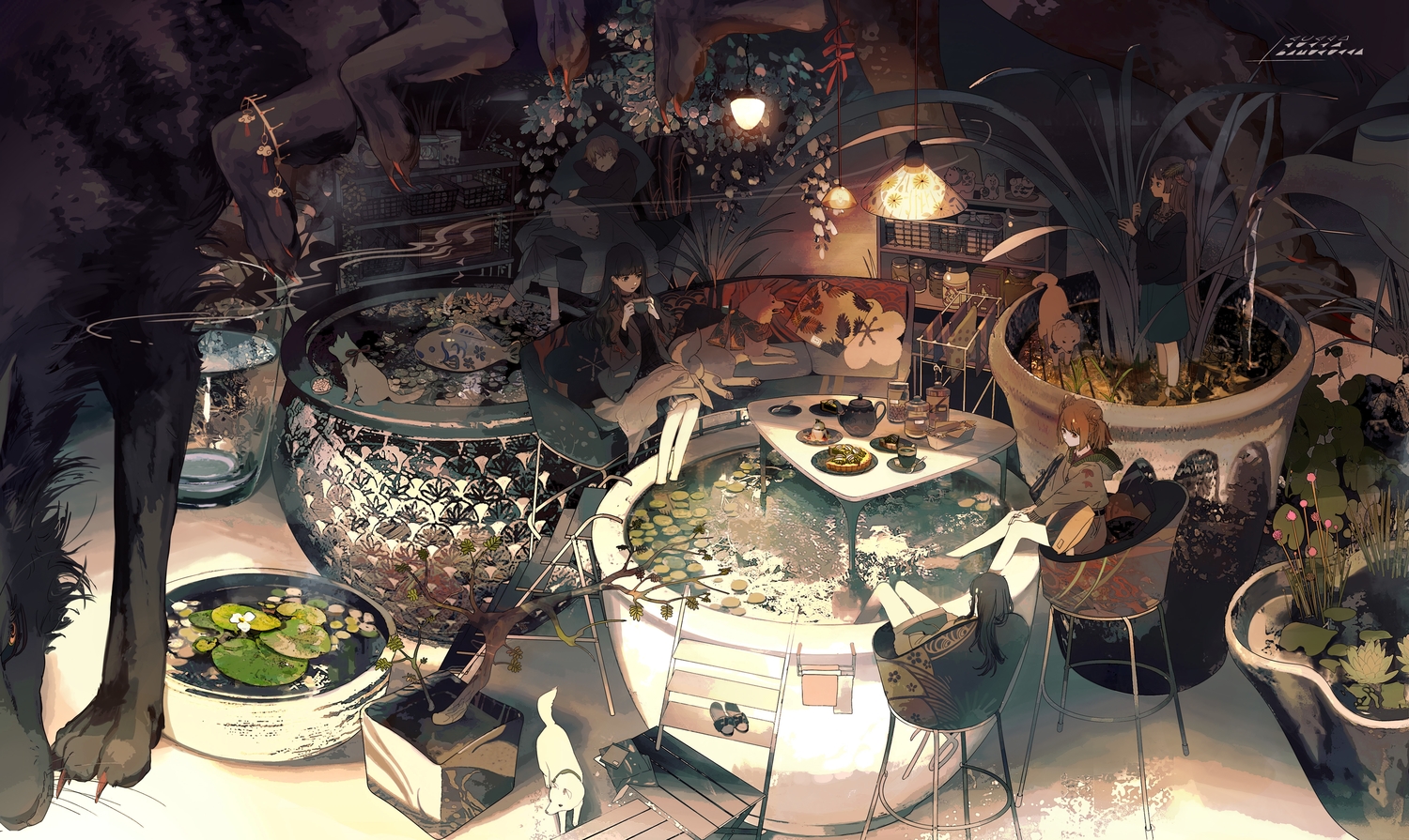he image is a digital painting or illustration in an anime/manga style. it depicts a whimsical, cozy indoor scene with several young women relaxing in a room filled with plants, water features, and unusual furniture.  there's a large, round tub filled with water and lily pads where some of the girls are soaking their feet.  a table in the center holds snacks and tea. a large black cat is partially visible in the foreground, adding to the magical, slightly mysterious atmosphere.  the room is richly decorated, with various plants in large pots, lamps casting warm light, and unique furniture pieces. the overall style is dark, moody, and detailed, creating a dreamy and surreal atmosphere. the scene suggests a fantasy or magical realism setting.