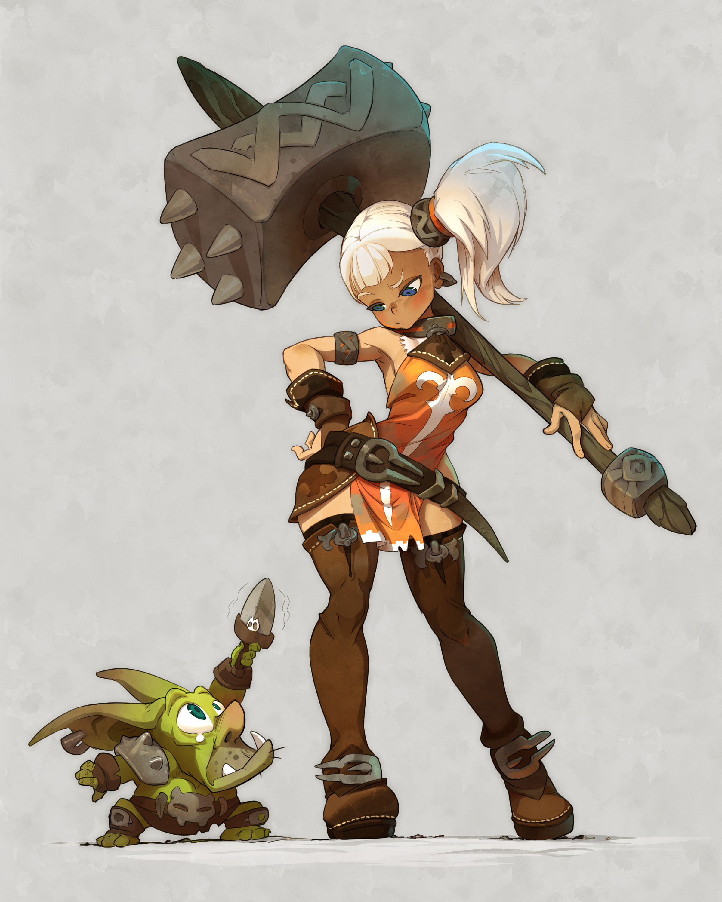a female warrior with a giant hammer stands over a small green goblin who is holding a small knife. the woman is dressed in orange and brown, and the goblin is wearing a brown and green outfit. they are both standing on a light grey background.