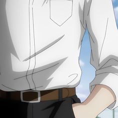 the image shows a closeup of a young man's torso from his chest to his hips. he's wearing a crisp white buttondown shirt with the top button undone, tucked into black pants secured with a brown leather belt. his right hand is casually tucked into his pocket. the background is a soft, light blue sky with a few wispy clouds, suggesting a bright, clear day. the focus on the details of the clothing and the relaxed pose of the figure create a sense of casual ease.