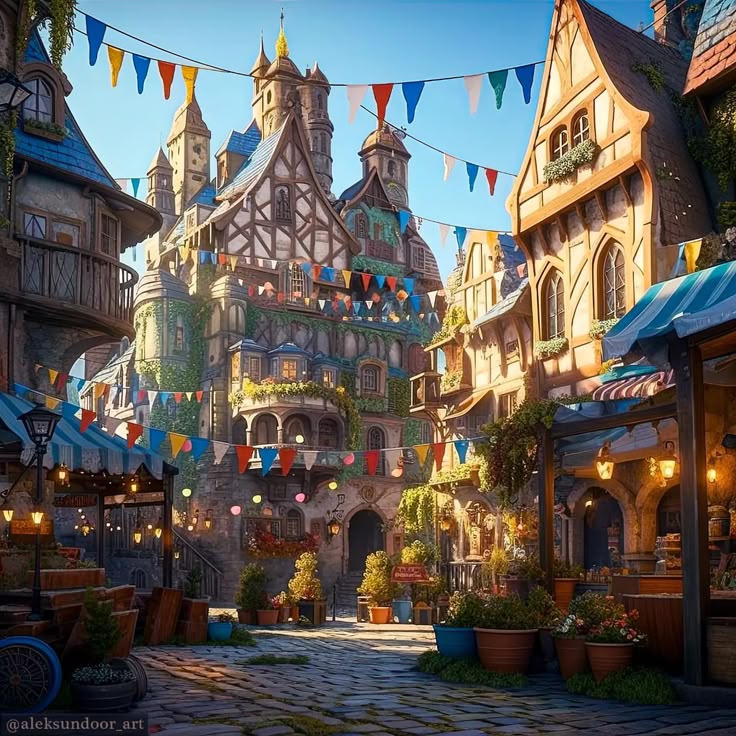 the image depicts a charming medieval village street scene. ornate buildings with towers and halftimbered architecture line the cobblestone street, which is decorated with colorful bunting and flags. a market area is visible with stalls and potted plants, adding to the lively atmosphere. the scene is bathed in warm sunlight under a clear blue sky, creating a fantasylike setting. the overall style is reminiscent of a detailed illustration or artwork.