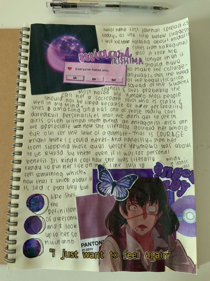 the image is a journal spread with a collage of images and handwritten text. the main focus is a character from the anime kakegurui, midari, with a butterfly and other decorative elements surrounding her. the text discusses midari's character and personality, praising her courage and daring nature. the page also includes a handwritten quote from midari, "i just want to feel again". overall, the spread creates a visually appealing and thoughtprovoking piece with a focus on exploring character depth and personal feelings.