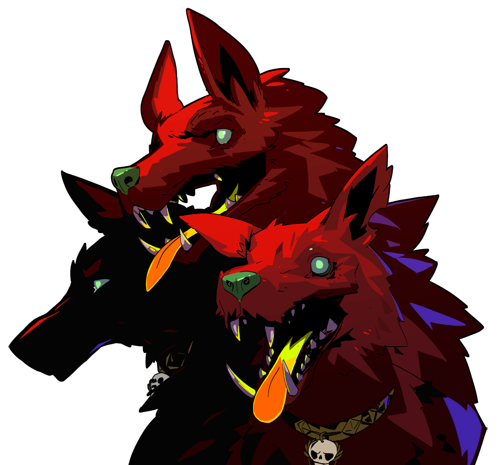 a threeheaded monster, with two heads in red and one head in black, is seen snarling, with fangs and teeth visible. all three heads have a collar with a skull hanging from it. the background is white.