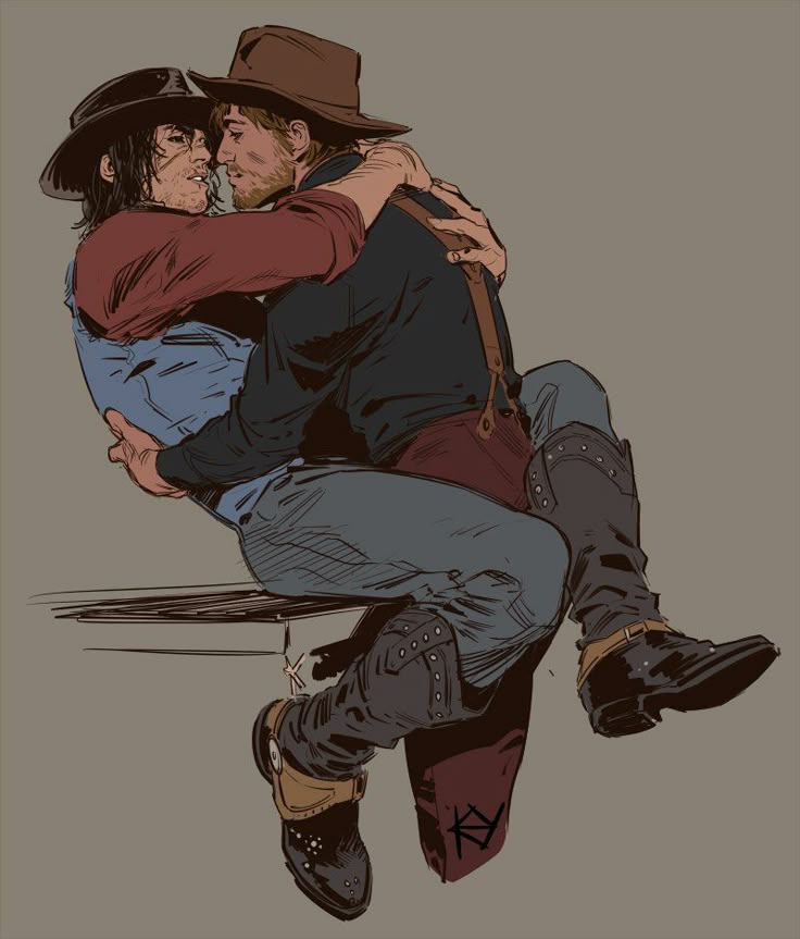 two cowboys are shown in an intimate embrace, hugging closely. both figures are wearing traditional cowboy attire, including hats and boots. one is holding the other, suggesting a deep emotional connection between them. the style of the artwork is reminiscent of fan art inspired by the game red dead redemption.