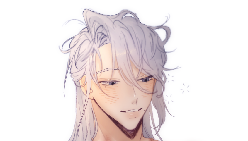 a close up portrait of a handsome anime man with long, white hair and brown eyes. he has a slight blush on his cheeks and is smiling. the background is white and there is a subtle glow around him. the art style is digital and is done in a soft, dreamy style.
