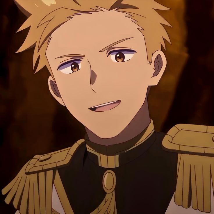 a close up of a cartoon anime character. he is a male, with blond hair and a bright smile. he is wearing a military uniform. his face is partially shown with one shoulder. he looks like he is in a good mood. he has a nice smile and calm eyes. he is a pleasant looking character.