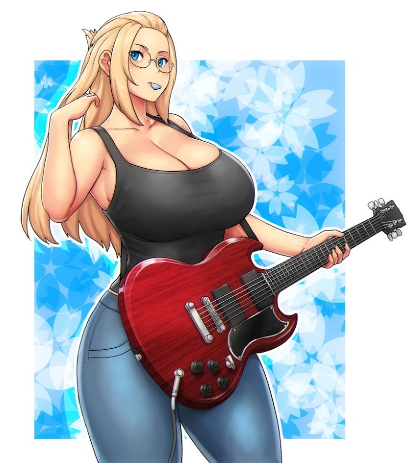 this is a digital art illustration of a blonde woman with blue eyes wearing glasses and a black tank top holding a red electric guitar. she has long blonde hair and is wearing blue jeans. she is standing in front of a white and blue background with white flower shapes.