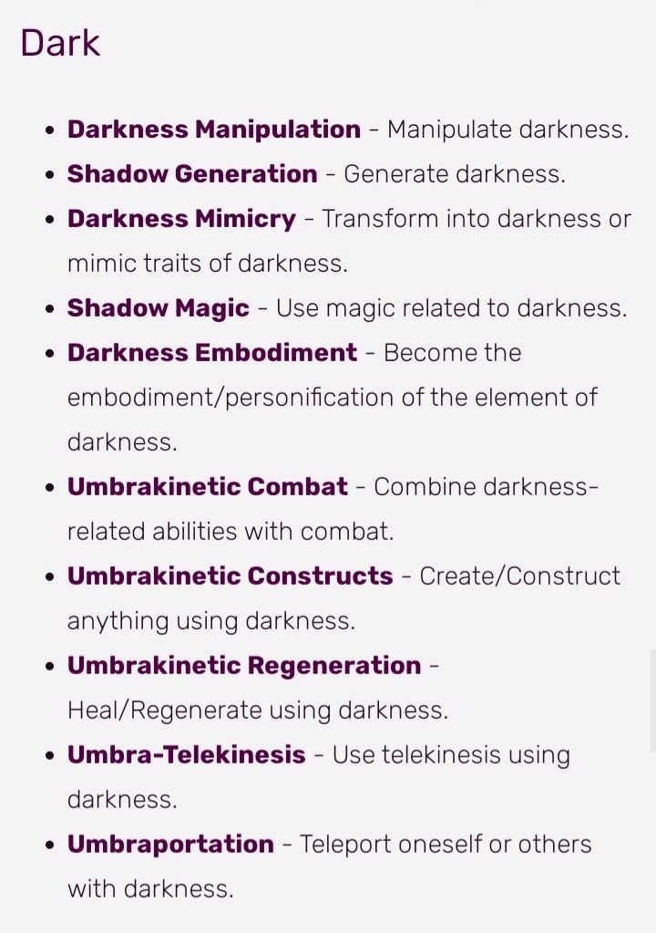 the image shows a list of dark powers or abilities, including darkness manipulation, shadow generation, darkness mimicry, shadow magic, darkness embodiment, umbrakinetic combat, umbrakinetic constructs, umbrakinetic regeneration, umbratelekinesis, and umbraportation.