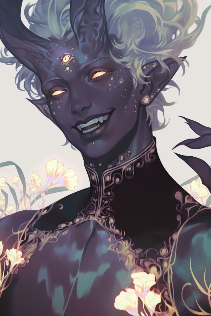 this is a digital painting of a male demon. he has dark purple skin, white hair, golden eyes, and is wearing an ornate dark green and gold top. he has a mischievous smile, and there are glowing yellow flowers in the foreground and background.