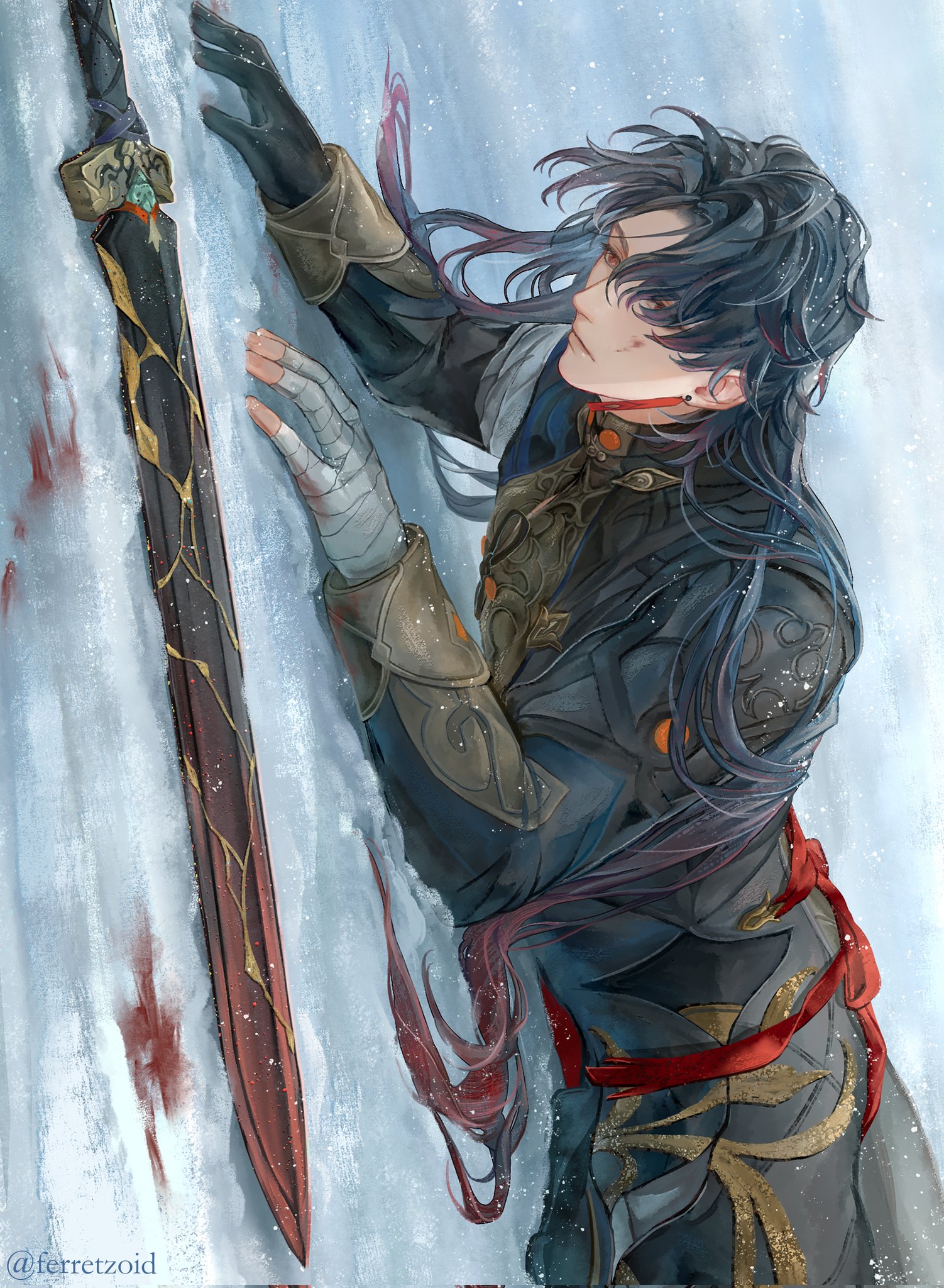 a young man in an animestyle outfit, with long black hair, lies wounded in the snow with a sword in front of him. his clothing is torn, and there is a bloodstain on the snow next to the sword. he is holding onto a rock with his left hand, and his head is tilted to the side as if in pain.  the background is a snowy landscape. the illustration is done in a digital art style, with soft lines and smooth shading.  the overall tone of the image is dramatic and sorrowful.