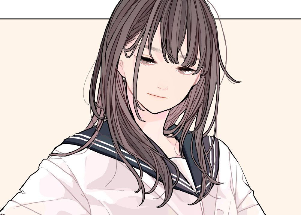 a head and shoulders shot of an anime girl with long, brown hair, bangs, and squinting eyes. she is wearing a white school uniform with a sailor collar. she is smiling. the artwork is in a manga style.
