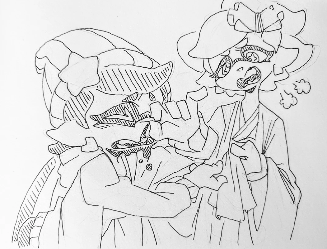 this is a black and white drawing of two anime characters. both characters are female, one is an inkling and the other is an octoling. the inkling is smiling and the octoling is laughing. they are close together and appear to be friends. the drawing is done in a cute and adorable style.