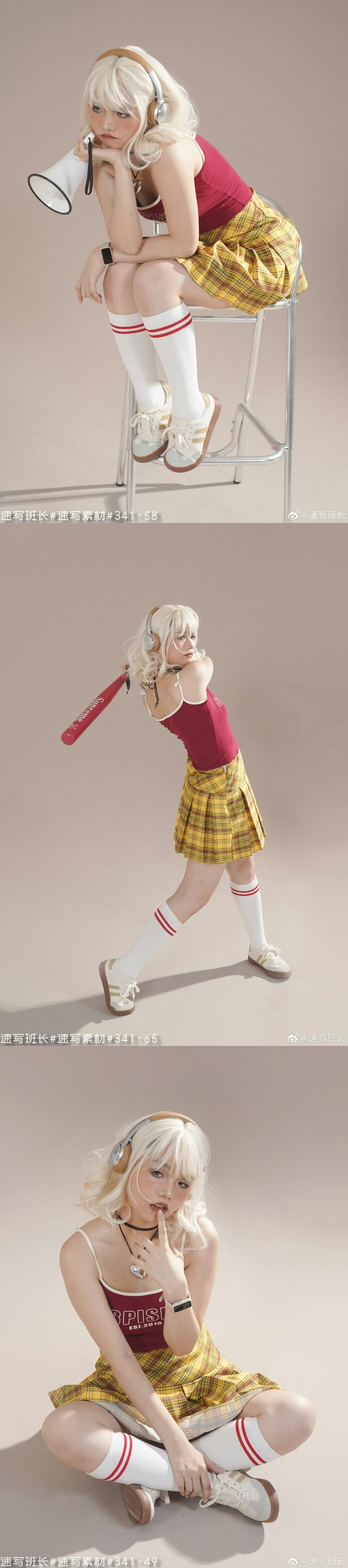 the image shows a young woman with blonde hair in three different poses. in the first pose, she is sitting on a metal chair with a megaphone in her hand. she is wearing headphones, a red top, a plaid skirt, knee socks with red stripes, and sneakers. in the second pose, she is standing and swinging a baseball bat. she is wearing the same outfit as in the first pose. in the third pose, she is sitting on the floor with her knees up. she is wearing the same outfit as in the previous poses and has her finger to her lips.