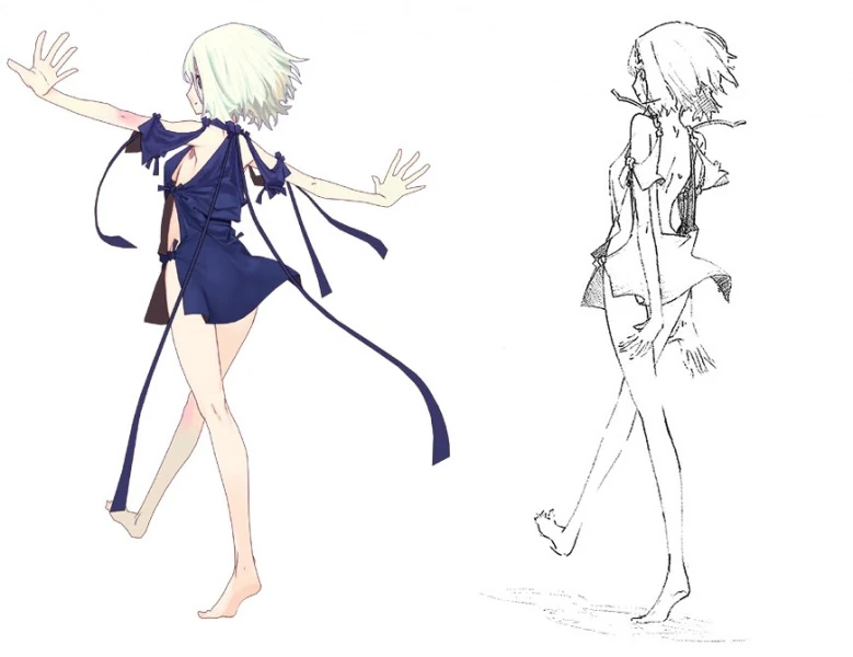 the image features a sidebyside comparison of a colored and sketched illustration of a young woman with short, light hair. she is posed midstep with her arms outstretched, wearing a short, tattered dress with long, flowing ribbons. the left side shows the completed colored version, while the right side presents a detailed sketch.