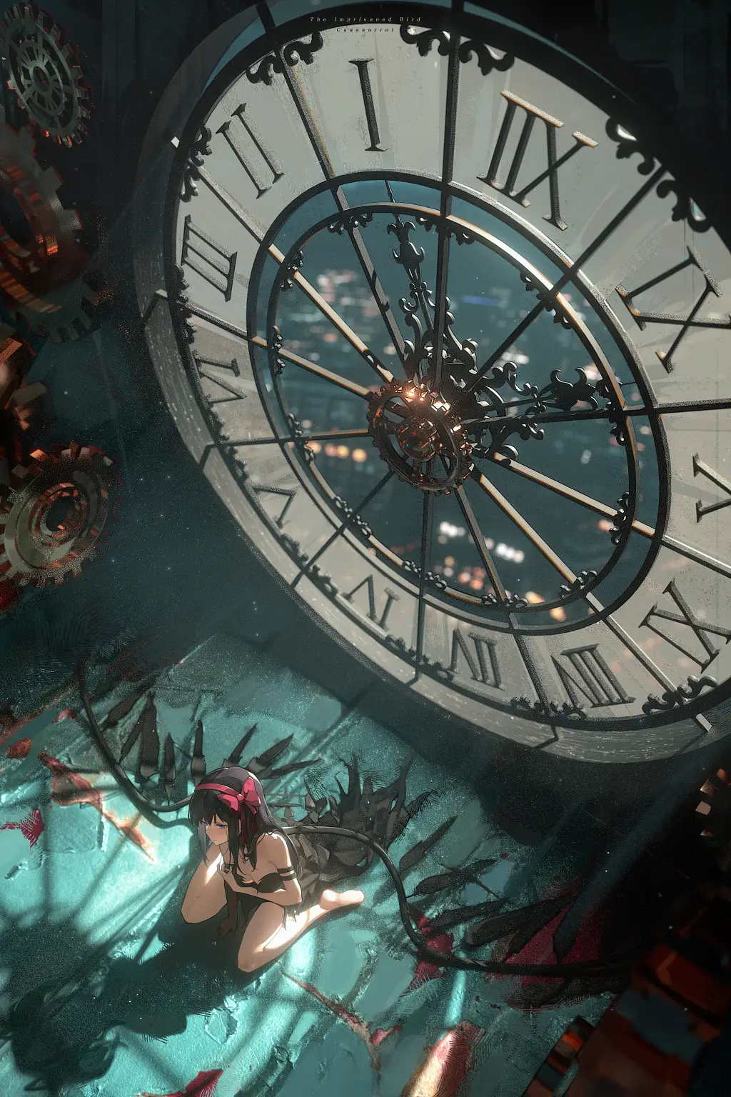 the image is a digital painting or illustration in a dark, fantasy steampunk style.  it features an anime girl with dark hair and wings made of what appears to be broken clock hands or similar metallic pieces. she is sitting on a teal, damaged floor beneath a large, ornate clock face which shows a city view through its glass.  the clock is part of a larger clock tower mechanism with visible gears and mechanical elements. the overall mood is melancholic and mysterious, with a focus on the passage of time and a feeling of something being broken or lost. the lighting is dramatic, creating strong shadows and highlights.