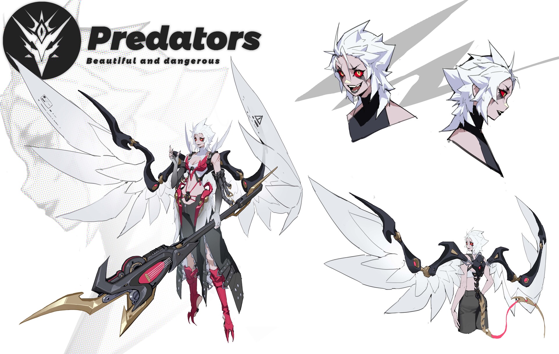 character design concept art of a female character named "predators" with white hair, red eyes, and wings. she's holding a spear and wearing a fantasy/scifi outfit. the artwork includes headshot closeups, fullbody views from different angles, and the logo. the text "predators" and "beautiful and dangerous" are present.