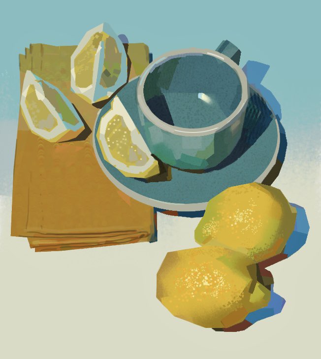 a still life painting featuring a blue teacup and saucer, lemon slices on a folded yellow napkin, and two whole lemons on a table. the composition has strong shadows and a contemporary art style.