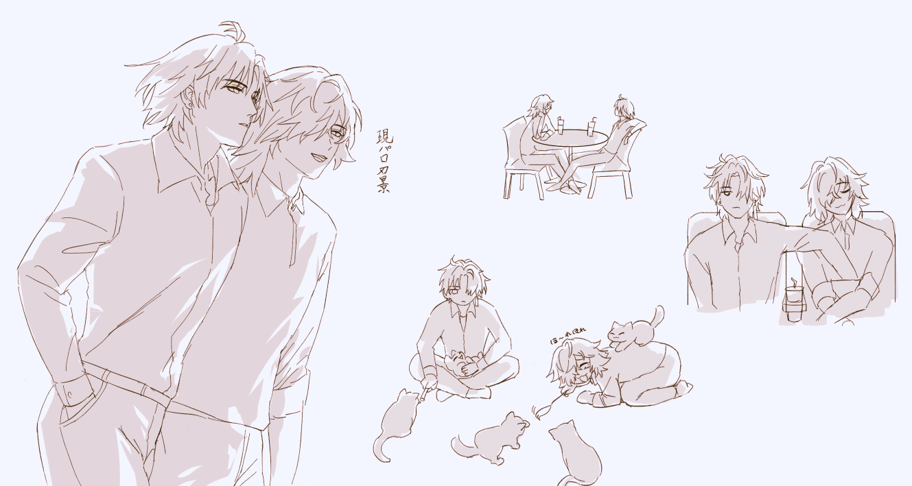 this is a digital drawing of a couple of anime boys. the boys are dressed in casual clothes and they are surrounded by cats. one couple is sitting at a table drinking. another couple is sitting on a couch and one is petting a cat. the last boy is sitting on the floor with his back to the viewer, petting a cat. the style of the drawing is simple and the colors are muted. the overall tone of the drawing is cute and romantic.