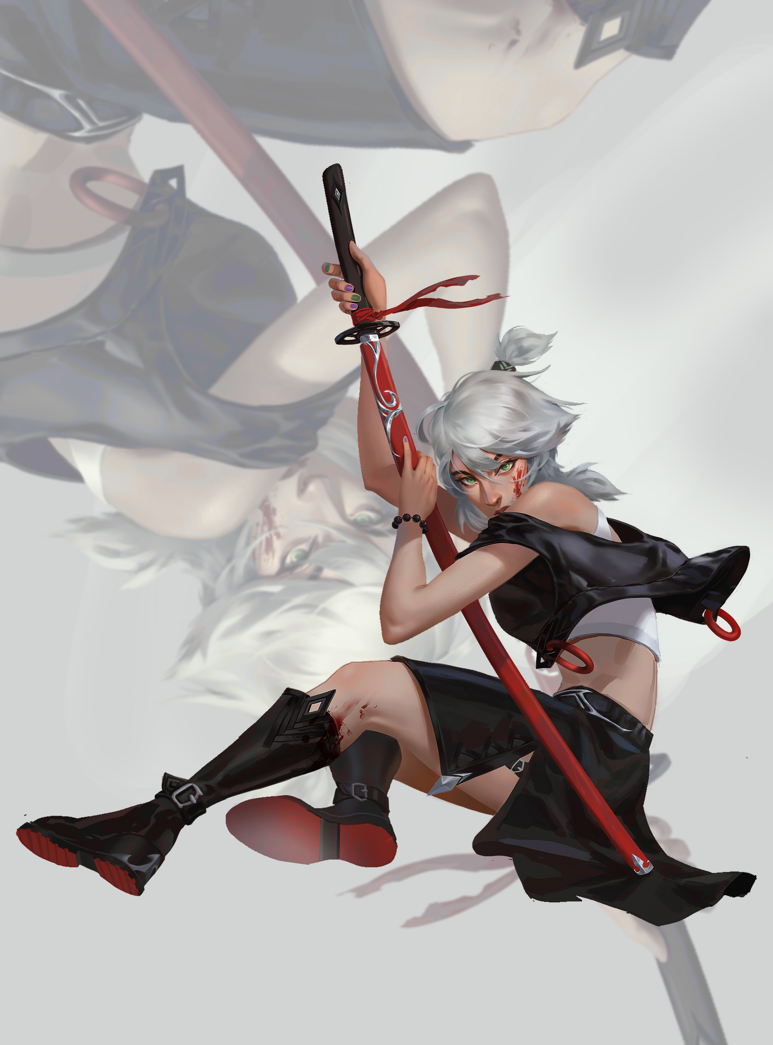 a whitehaired woman is holding a red katana in a fighting pose, her legs are bent and she's wearing black leather boots. the background has a translucent image of a similar woman. the woman is dressed in black leather and black shorts. she has a determined look on her face as she holds the katana. the artwork is in an anime style.