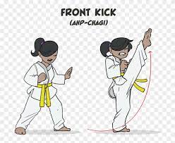 a diagram showing how to do a front kick. there are two illustrated women, both wearing white martial arts uniforms with yellow belts. one woman has her arms raised in a defensive position. the other woman is executing a front kick. a dotted red line illustrates the trajectory of her foot.