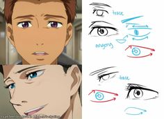 this image is a tutorial on drawing anime and manga style eyes, specifically focused on male characters. it features a comparison between two different eye styles  one softer and rounder, the other sharper and more angular  and how they convey different emotions. each style is broken down into simplified sketches demonstrating the key shapes and lines used to achieve the desired look. there's also a focus on how eyebrows contribute to the overall expression.