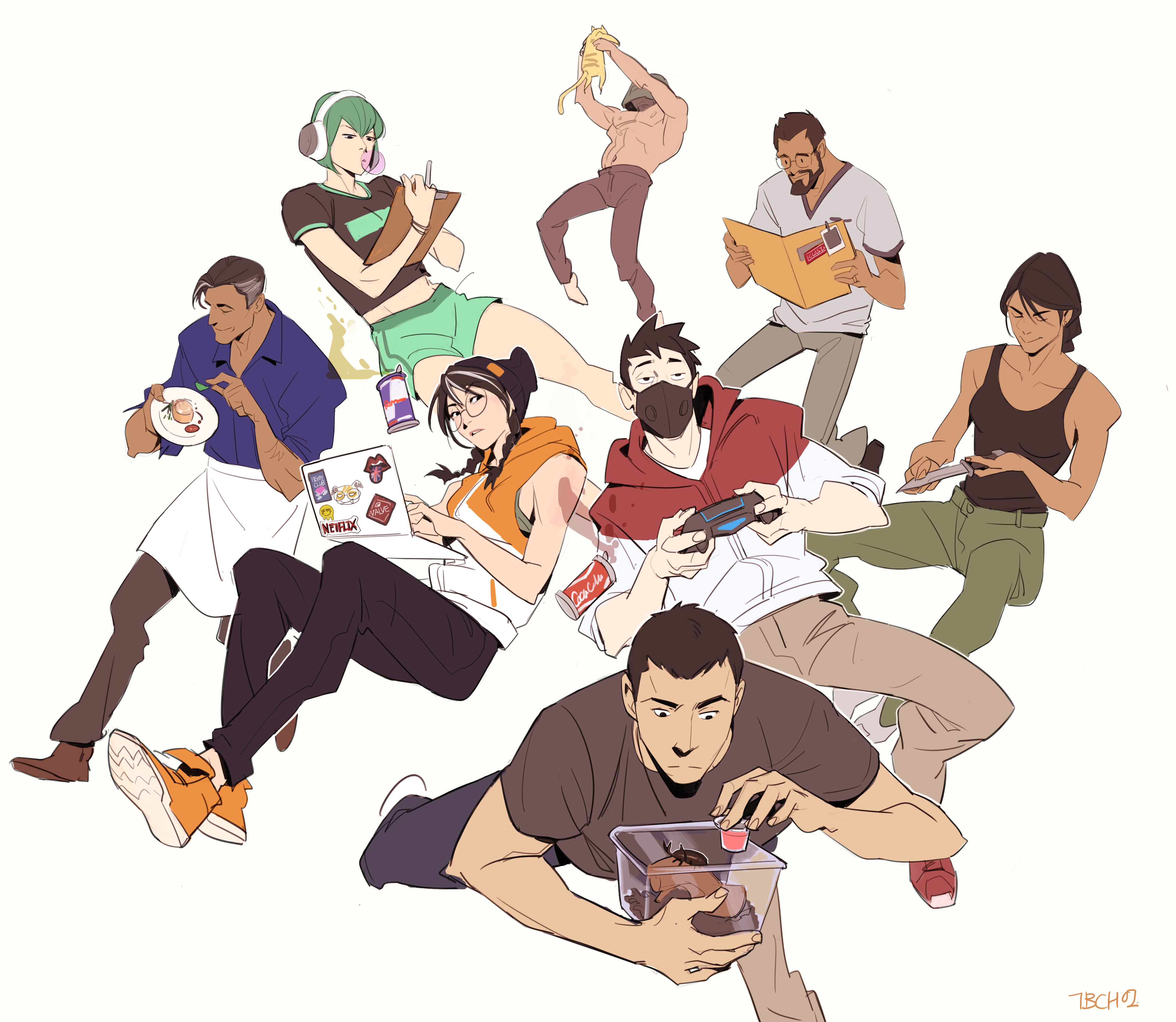 the image is a vibrant and dynamic digital illustration showcasing a diverse group of characters engaged in various activities. the art style leans towards anime or manga, with stylized features and bold colors.  the characters are depicted in casual clothing, suggesting a relaxed and informal setting.  some are playing video games, others are reading books, drawing, cooking, or simply relaxing. there is a cat involved in one character's activity. the overall composition is energetic and visually engaging, with characters positioned in a way that creates a sense of movement and interaction. the background is minimalist, focusing attention on the characters and their actions.  the style suggests a possible fanart piece, perhaps depicting characters from a game or series.
