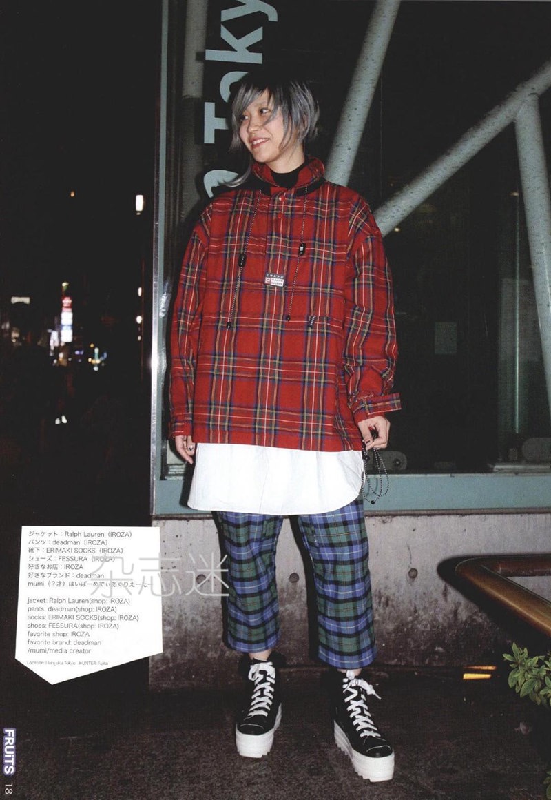 a young adult with short blue hair is posing on a city street at night. they are wearing a red plaid jacket, a white tshirt, blue plaid pants, and black and white platform sneakers. they are also wearing a silver chain necklace. the person is standing in front of a storefront with glass windows and brick walls. there is a bench to the right of the person. the image is lit by artificial light from streetlights and the storefront.