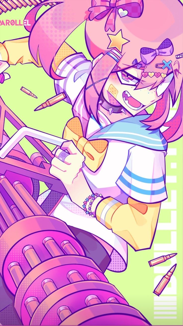 a pinkhaired anime girl with a machine gun. the girl is wearing a white and blue sailor uniform, and a yellow bow. the machine gun is also pink and has a lot of bullets. the background is a pale green and pink color.