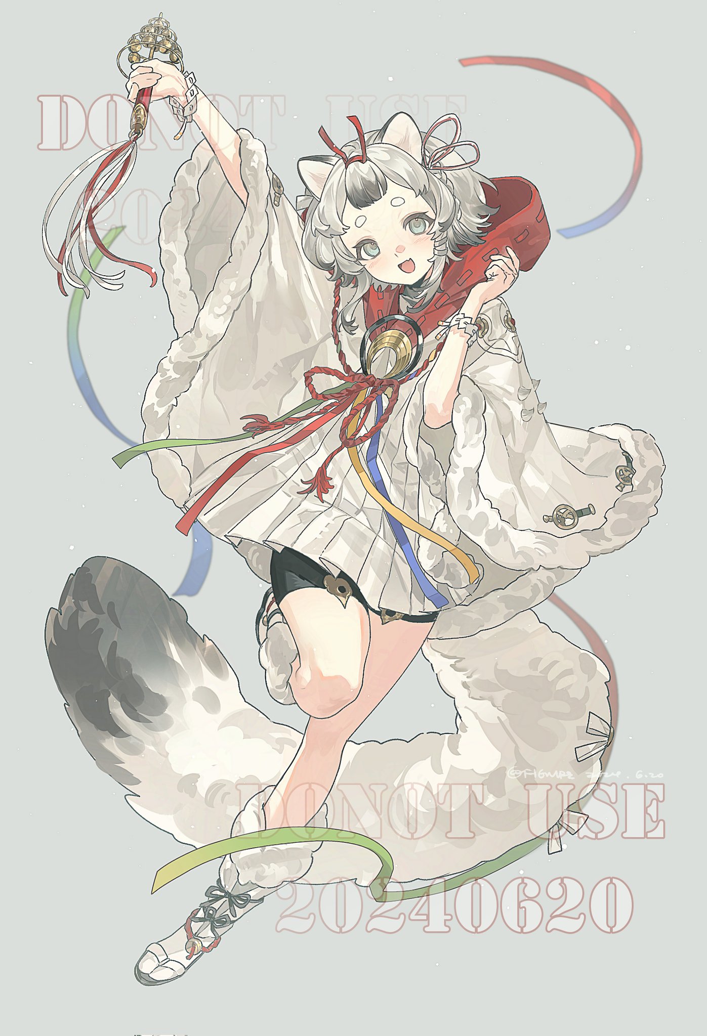 the image shows an animestyle illustration of a young kitsune girl with white hair and heterochromia (different colored eyes). she has small fox ears on top of her head. she is wearing a white kimonolike outfit with a red hood, tied with ribbons. she has a large, fluffy ninetailed fox tail. she is holding a key in her raised hand. she is wearing a short dress or shorts under the kimono. there is a watermark text "do not use" and date "20240620" on the image.