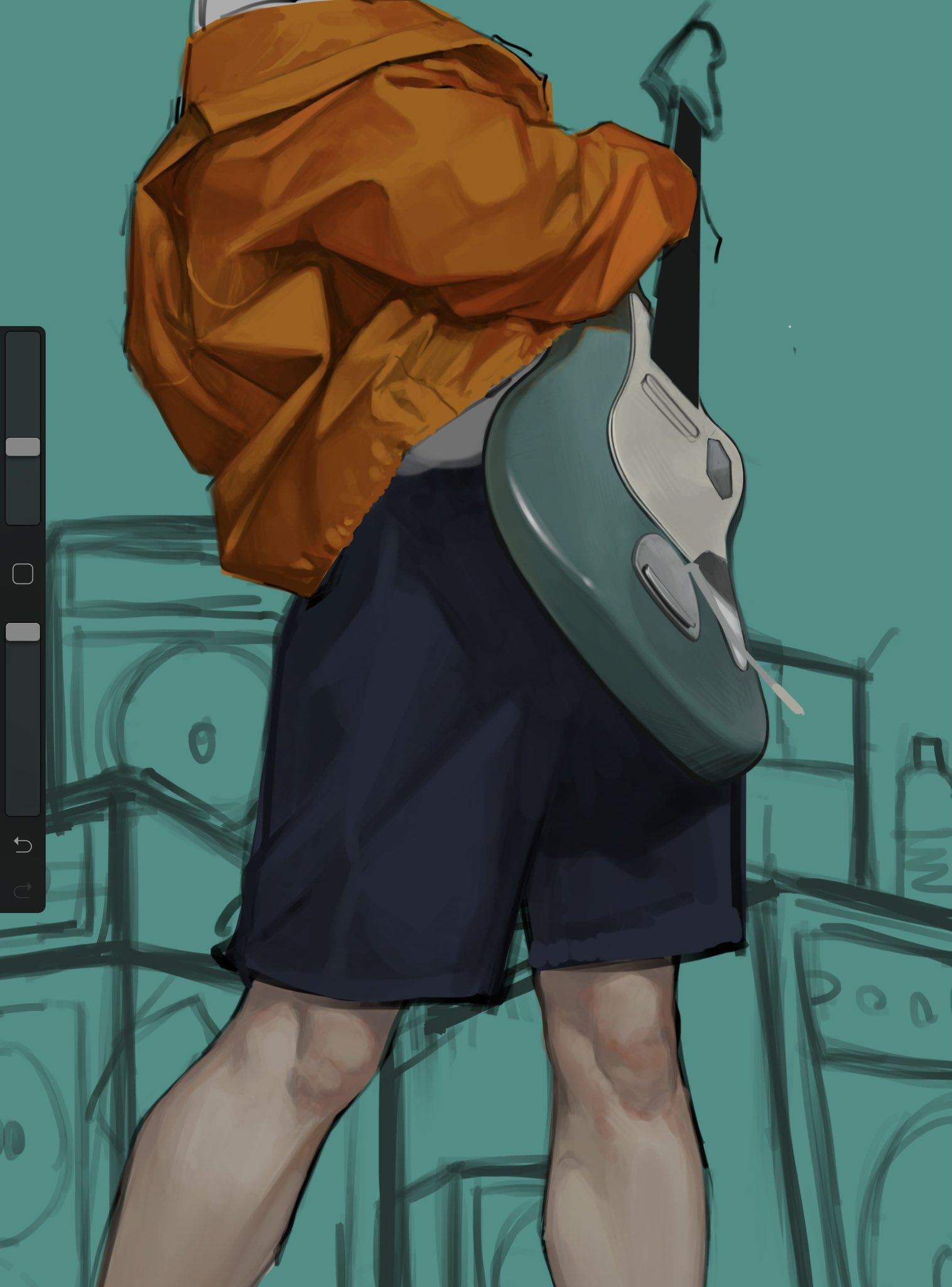 the image is a digital painting or illustration of a person, likely male, from the knees down, holding a teal electric guitar. he's wearing an orange jacket and dark shorts. the background suggests a recording studio or music space, with large speakers visible. the style is realistic, but with a slightly stylized feel to it, focusing on strong color and shape. the artwork is primarily a depiction of the lower body and the interaction with the guitar, making it a dynamic and visually engaging piece.