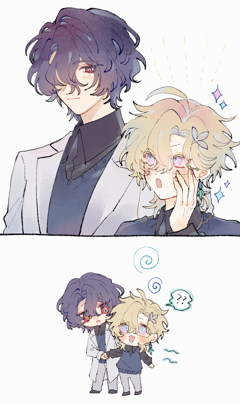 he image contains two illustrations. the top illustration shows two animestyle boys. one boy has long purple hair and is wearing a white coat and dark sweater underneath. he looks slightly smug and has his arm around the other boy. the second boy has blond hair styled in a sort of fluffy way. he's wearing glasses, a dark sweater and has a surprised expression on his face, blushing. the bottom illustration is a chibi version of the same boys. they are much smaller and cuter. the boy with purple hair has a white coat on and is holding hands with the blond boy, who is wearing a navy blue sweater. both of them have a happy but slightly dazed expression.