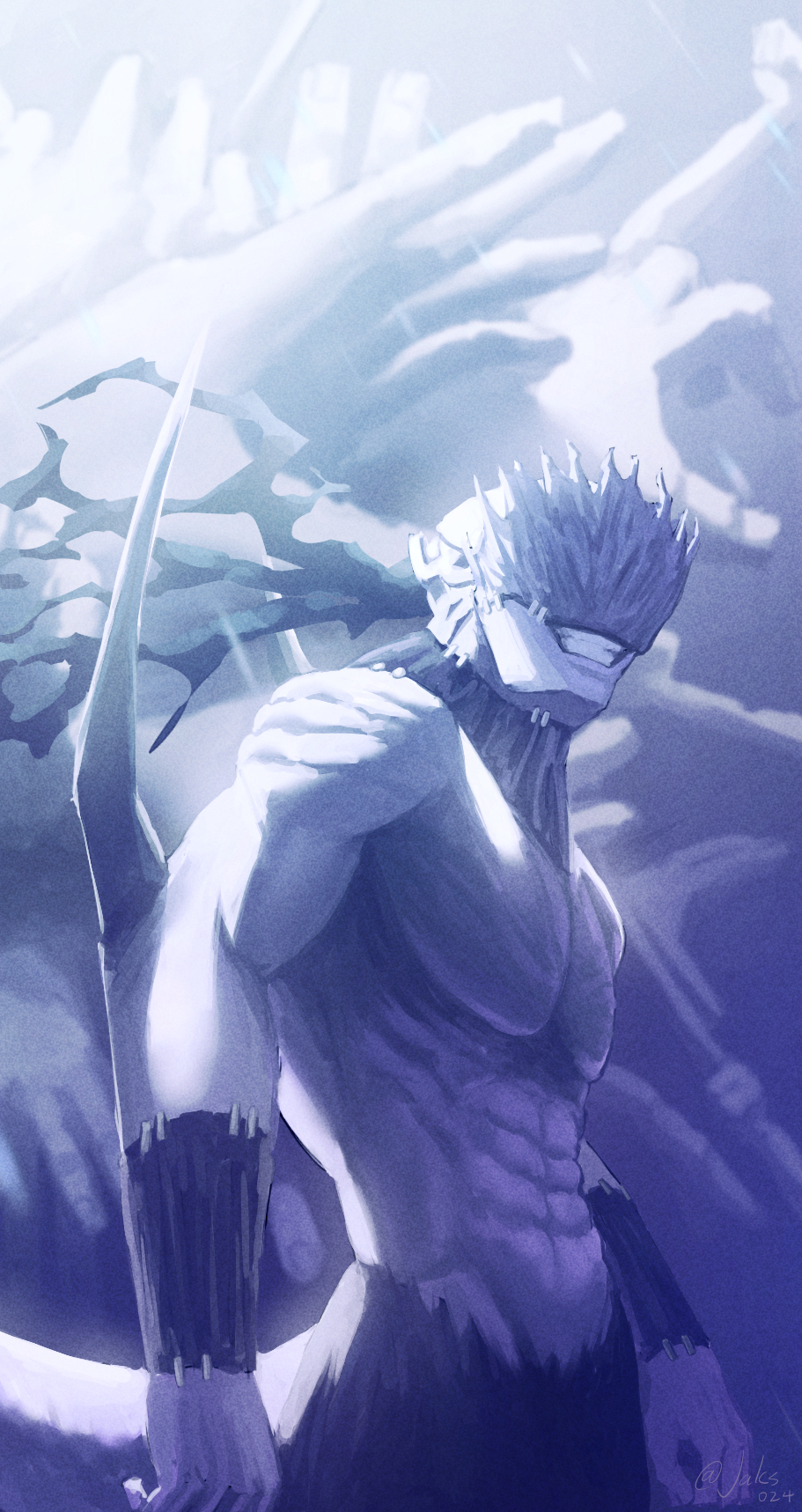 a muscular humanoid with horns and wings, wearing a mask that covers his eyes, is standing amongst ethereal clouds that resemble reaching hands. the perspective is from below, making the figure appear imposing and powerful. the overall palette is cool and muted, with shades of blue and grey dominating the image.