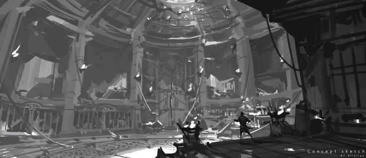 this is a grayscale concept sketch depicting the interior of a large, ruined building. the architecture is reminiscent of a gothic or fantasy style, with high ceilings, intricate details, and a sense of grandeur despite its dilapidated state. the space is dark and atmospheric, with light seemingly filtering in from above.  several figures, possibly soldiers or guards, are visible within the scene, suggesting a story or narrative context. the overall feel is moody and desolate, emphasizing the building's abandoned and ruined state. the style of the sketch is loose and suggestive, prioritizing the overall mood and composition rather than minute details.  the image is labeled "concept sketch."