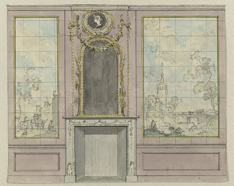 this is a drawing of an interior wall with a fireplace and decorative elements. the wall is divided into sections, with a large tiled picture on either side. the fireplace is located in the center of the wall, with a decorative frame and a mirror above it. a portrait is placed at the top of the mirror frame. the overall style is ornate and classical.