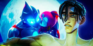 the image showcases three characters seemingly engaged in a tender moment. two characters resembling ultraman zero and cuddle team leader from the game fortnite are positioned closely, their faces touching as if about to share a kiss.  they are both a glowing bright blue and pink. a third character, a young man with dark hair and a somber expression, observes the pair from the foreground. the background features a dark, night sky with a luminous, full moon.