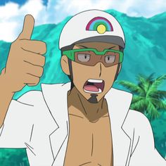 a closeup portrait of a tanskinned man with short black hair, brown eyes, and a thin beard. he is wearing a white headband with a rainbow on it and green sunglasses. he's also wearing a white, open, shortsleeved buttondown shirt and making a thumbsup gesture with his right hand while opening his mouth to speak. the background is a blurry landscape of a tropical beach with green mountains, blue sky, and palm trees.