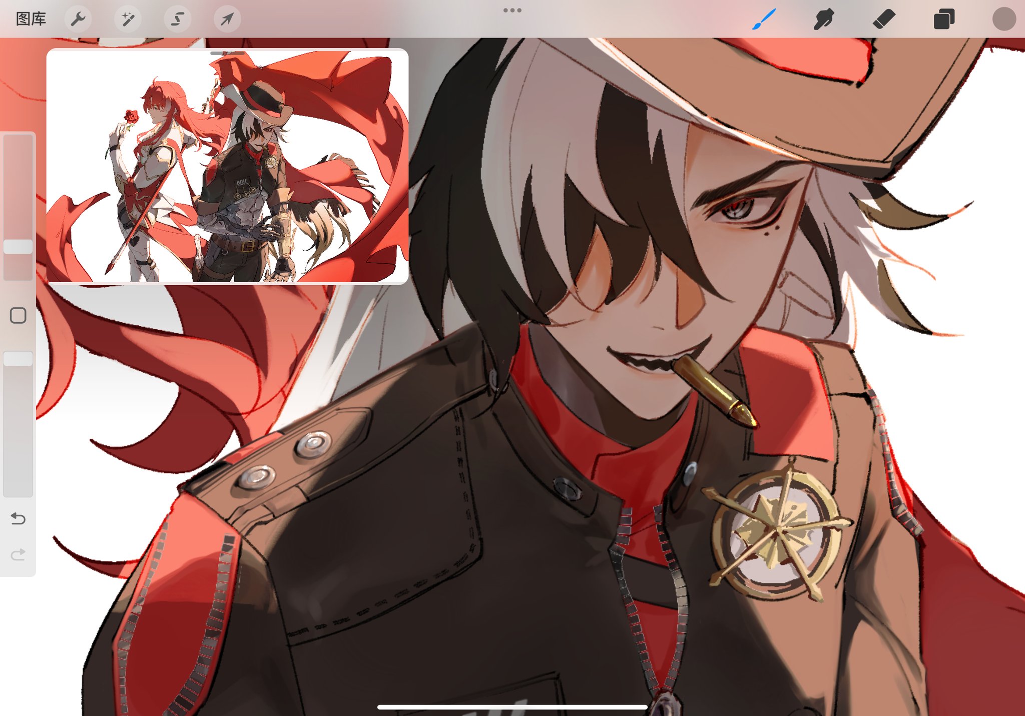this is a digital artwork of an anime character. the character is a male with black and white hair wearing a brown cowboy hat and a brown jacket with red accents. he is holding a bullet in his mouth and has a serious expression on his face. in the background is a smaller image of two other anime characters. the artwork is drawn in a detailed and colorful style.