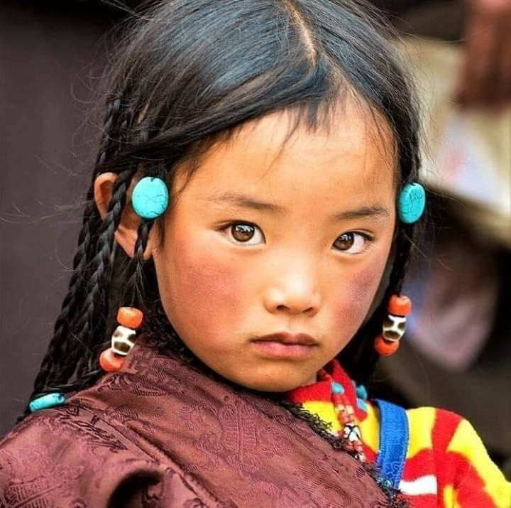 a closeup portrait of a young tibetan girl wearing traditional clothing and jewelry. her braids are adorned with turquoise beads, and her expression is serious and thoughtful. she is looking directly at the camera, and her features are sharp and defined. the image captures the beauty and innocence of childhood, as well as the rich cultural heritage of tibet.