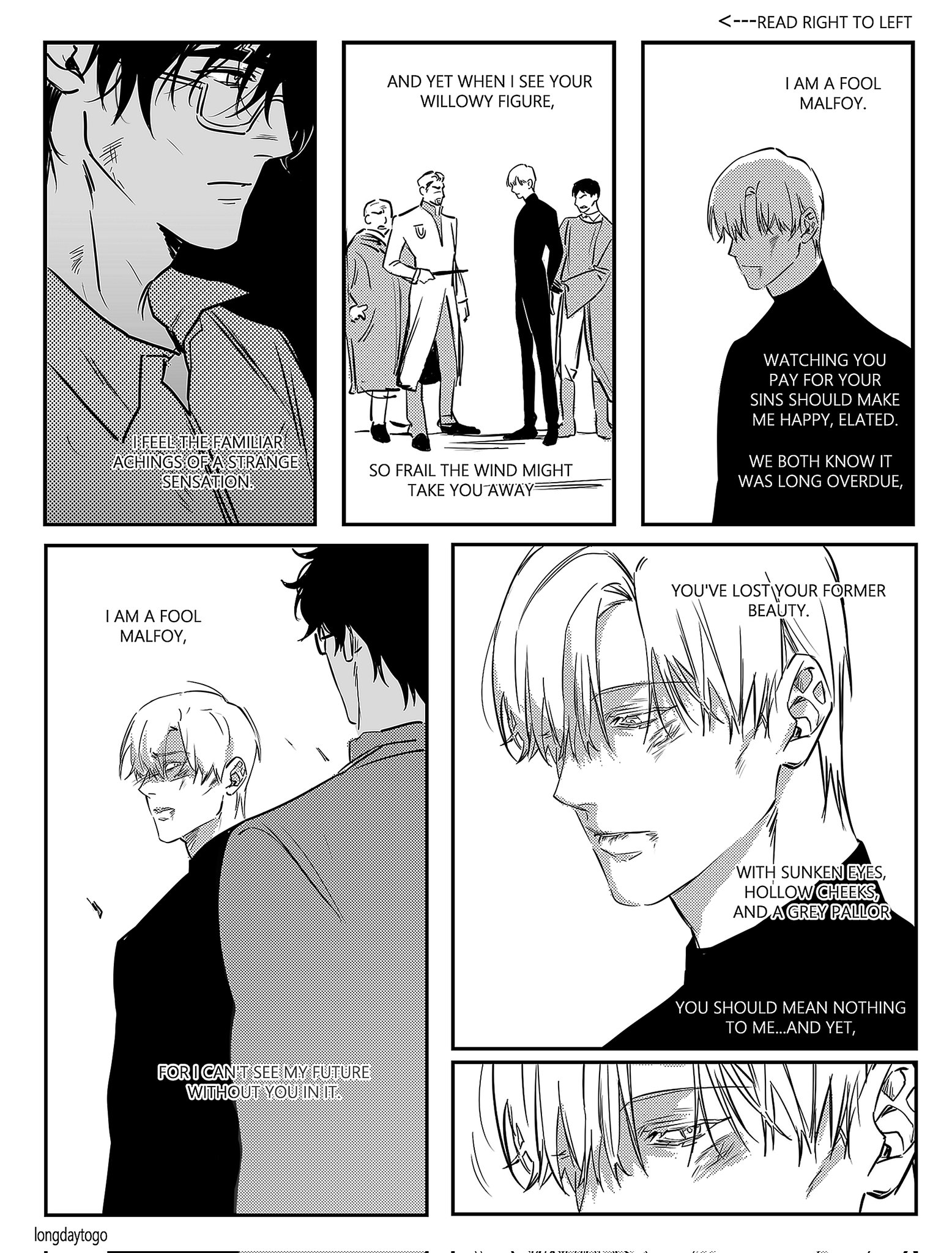 he image is a manga page depicting a poignant and melancholic scene.  it's presented in black and white, with panels showing two male characters, one seemingly aristocratic and the other more reserved. the story unfolds across multiple panels, showing flashbacks and internal monologues. the central theme revolves around regret, longing, and the complex emotional aftermath of a past relationship. the art style is detailed, capturing the characters' emotions through facial expressions and body language.  dialogue boxes reveal inner turmoil and conflicting feelings, emphasizing the bittersweet nature of their connection. the overall mood is one of pensive reflection and unresolved emotions.