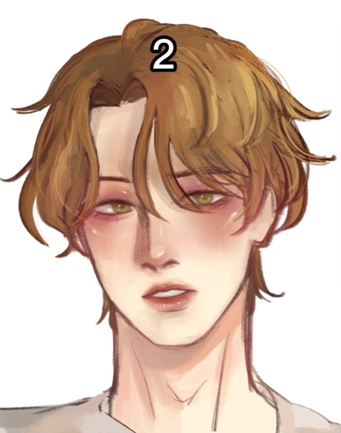 this is a portrait of an anime man. he has brown hair, brown eyes and is looking directly at the viewer. he has blushing cheeks and is very handsome. he is wearing a plain white tshirt.