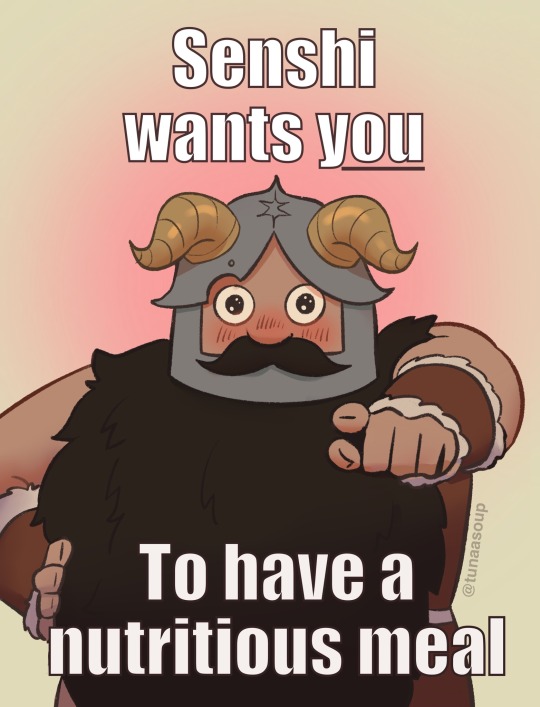 a cartoon drawing of a warrior with horns on his helmet is pointing at the viewer, encouraging them to eat a nutritious meal. the text "senshi wants you" is above the character, and "to have a nutritious meal" is below.