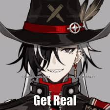 the image is a stylized animestyle illustration of a young man. he has dark hair with streaks of silver, and is wearing a large black cowboy hat with a red band, a feather accent, and symbols resembling crossed bullets on the crown.  his clothing is primarily black with red accents. he sports a confident, almost villainous smirk, and the text "get real" is overlaid prominently on the image. the overall style is dark, edgy, and cool, suggesting a character with a strong personality. the art style is reminiscent of manga and anime illustrations.