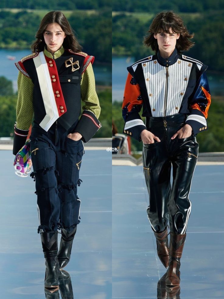 the image shows two models showcasing louis vuitton's spring/summer 2024 collection on the runway.  both models are wearing unique jackets with a militaryinspired design, paired with contrasting bottoms.  one model sports distressed denim pants and cowboystyle boots, while the other wears patent leather trousers and similar heeled boots.  both outfits feature a blend of textures, colors, and patterns, creating a distinct and bold aesthetic. the background depicts a serene outdoor setting.