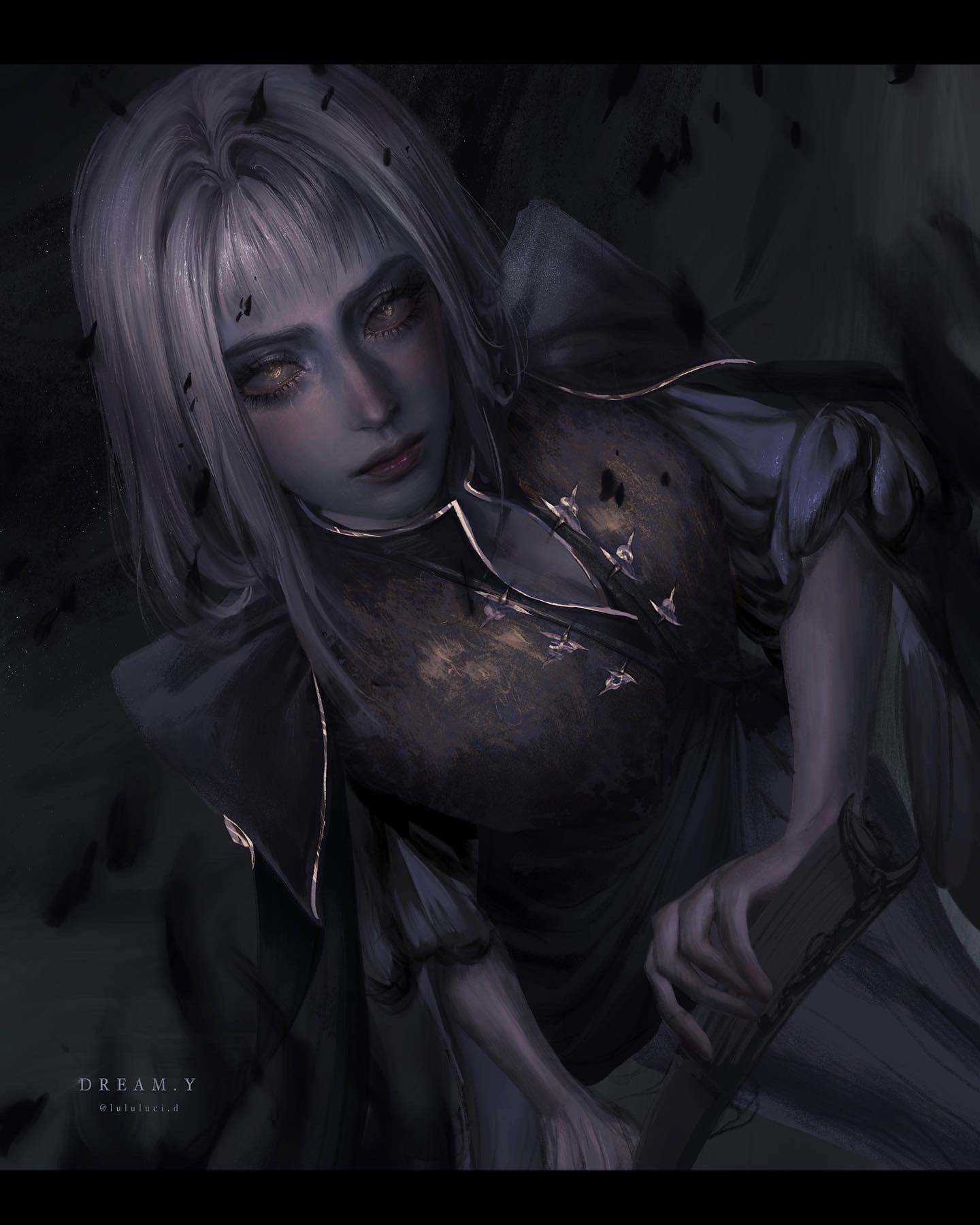 a paleskinned woman with white hair and yellow eyes gazes out from the image, clutching a book. she is dressed in dark clothing with gold accents, and black feathers swirl around her. the scene is dark and moody, with low lighting that casts the woman's features in shadow.