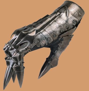 a closeup shot of a intricately detailed armored glove, known as a gauntlet, against a solid tan background. the gauntlet is made of steel or iron, with sharp claws at the end of each finger, designed for both attack and defense. the surface of the gauntlet is adorned with decorative engravings, showcasing the craftsmanship of a bygone era.