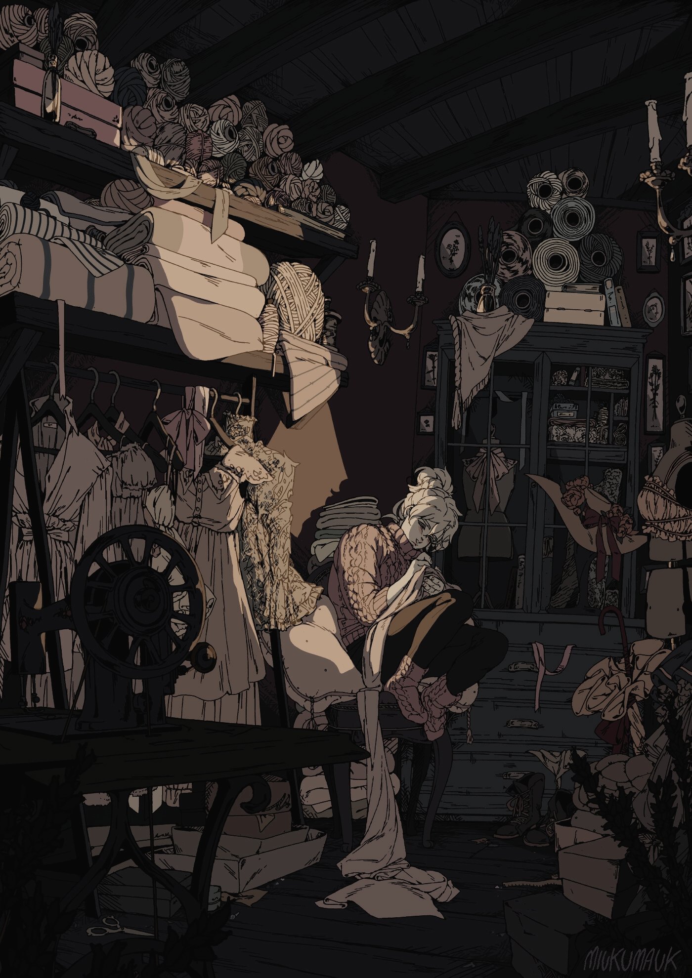 this image is a captivating illustration of a woman seated in a vintage shop, surrounded by the tools and materials of her trade. the shop is filled with shelves brimming with yarn, fabric, and other crafting supplies, suggesting that she is a seamstress or a tailor. the woman is engrossed in her work, with her attention focused on a spool of thread in her hands. the dark, shadowy interior of the shop creates a sense of intimacy and focus, highlighting the woman’s passion for her craft. the illustration is rich in detail, from the intricate patterns of the fabric to the worn leather of the chair, capturing the essence of a bygone era. the artist’s meticulous style and evocative use of light and shadow create a compelling and atmospheric scene.