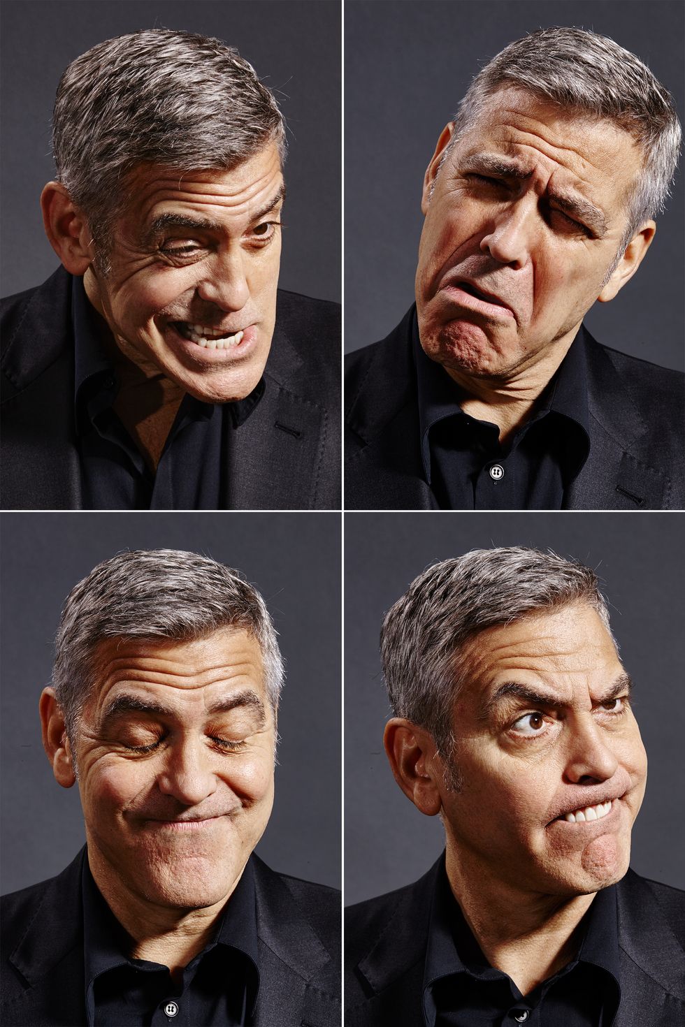 this is a collage of 4 photos of george clooney, a famous hollywood actor. each photo shows clooney in a black suit and white shirt, his hair is combed to the side and his expression is different in each photo. the photos are arranged in a 2x2 grid. the top left photo shows clooney with his mouth open, like he is about to say something. the top right photo shows clooney with a confused expression, his mouth is slightly open and his eyebrows are raised. the bottom left photo shows clooney with his eyes closed and a slight smile on his face. the bottom right photo shows clooney with a serious expression, his mouth is slightly open and his eyebrows are furrowed. all of the photos are well lit, and clooney looks handsome and sophisticated.