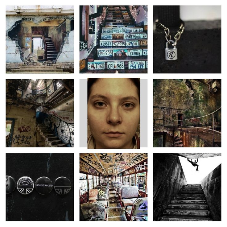 this is a 3x3 collage of images that all show abandoned and decaying buildings. there are stairs leading up to nowhere, graffiti, and a padlock on a chain. the image is dark and ominous, giving a sense of mystery and danger.