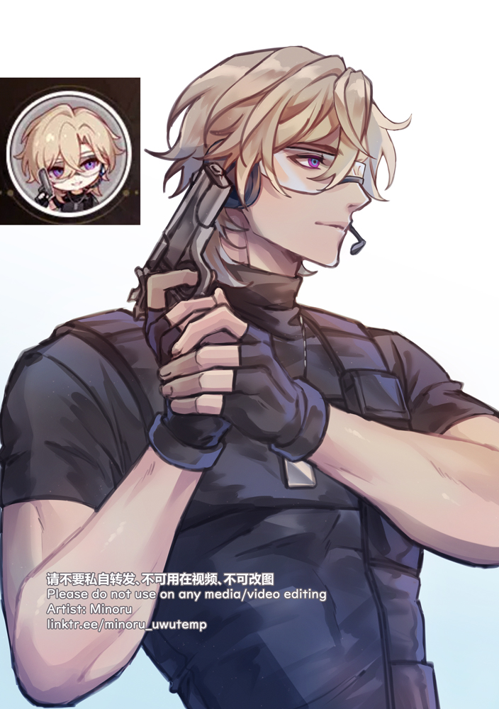 an animestyle illustration of a male character with blond hair and purple eyes.  he's holding a gun and wearing tactical gear. the character appears to be a soldier or combatant. the image has a digital art style.  the character is positioned facing the right, with his arm holding the gun in front of him.