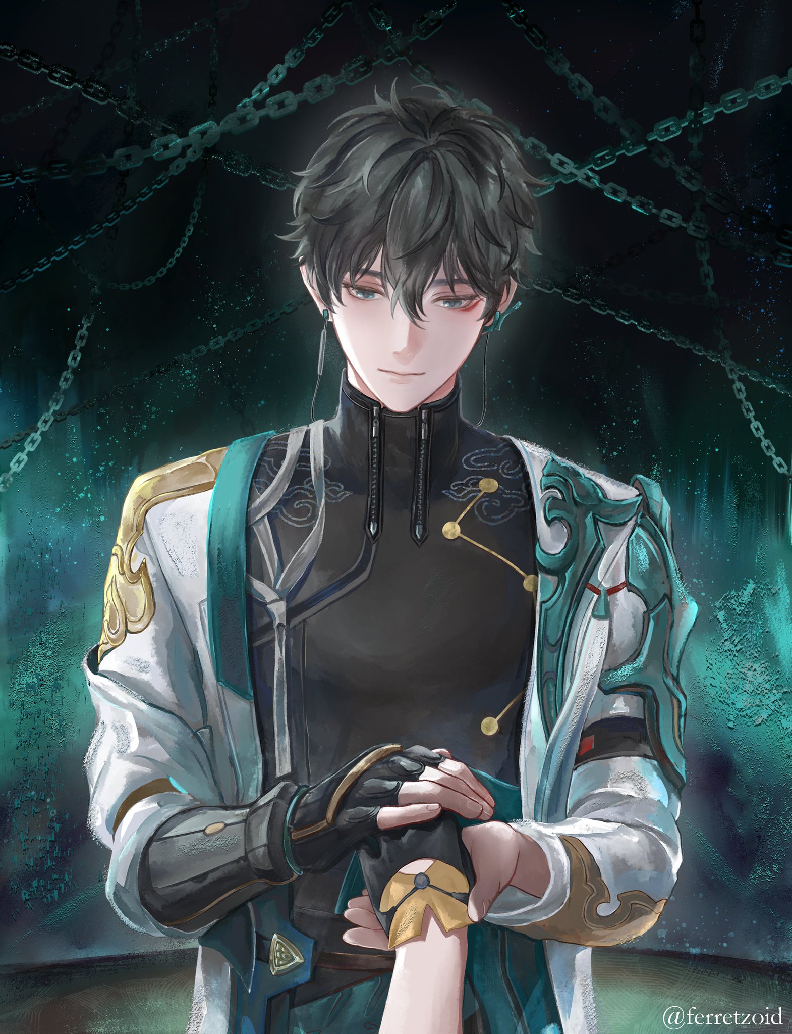 this is a digital illustration of an anime character. he is a young man with black hair, he is wearing a black suit, a white coat, and a green scarf.  he is holding the hand of another person.  behind him there are a lot of chains, and he looks sorrowful and heartbroken. the background is a mixture of shades of blue and green.  the artist's name appears in the bottom right corner.