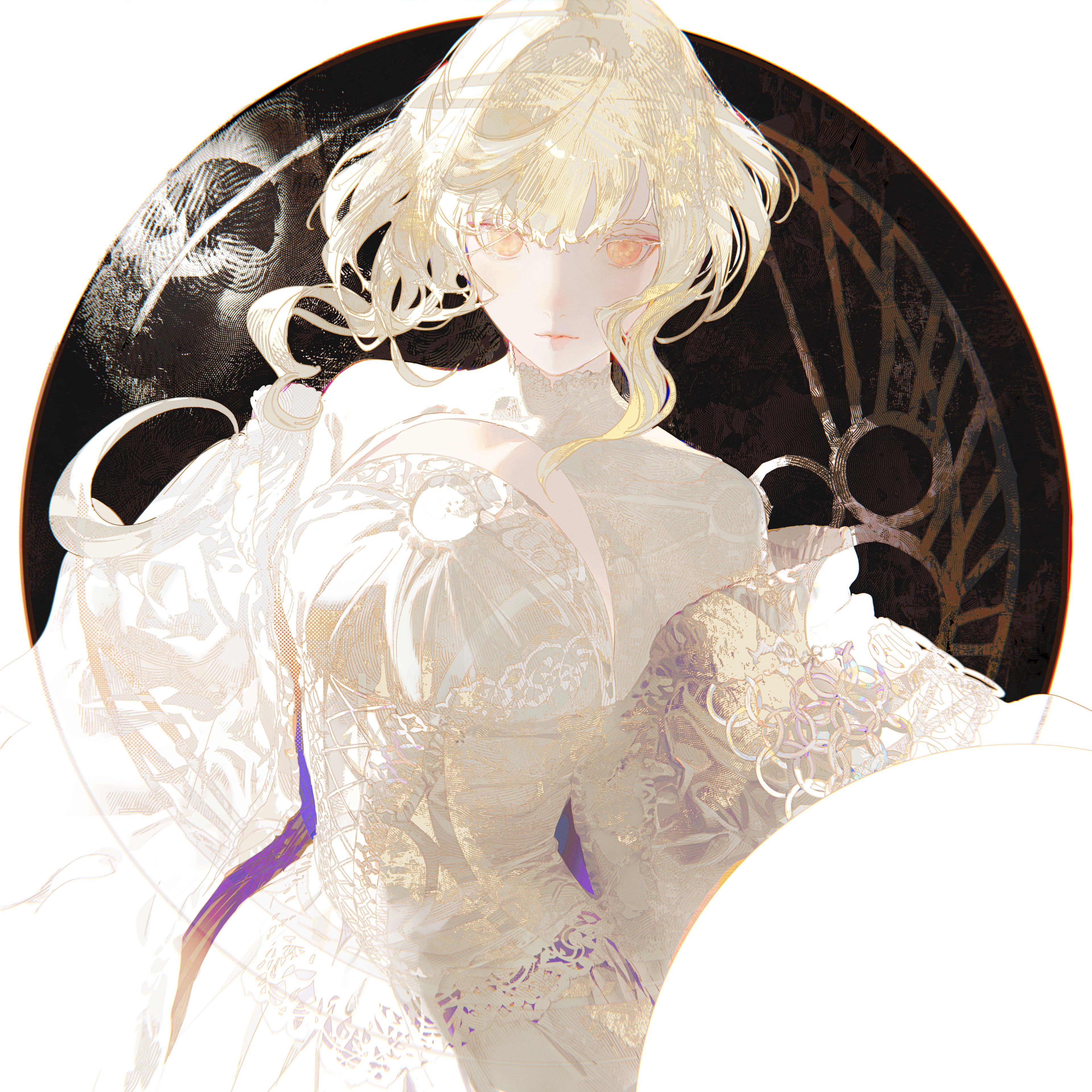 the image is a digital painting or illustration of an animestyle young woman.  she has long, blonde hair styled in a loose, wavy fashion. her eyes are a striking yellowgold.  she's wearing a beautiful, flowing white dress with intricate lace detailing and a somewhat lowcut neckline. the dress appears ornate and possibly fantastical. the background features a dark circle with an art nouveauinspired design, providing a contrast to the light colors of the figure. the overall style is ethereal and somewhat mysterious, emphasizing soft light and delicate details in the dress and the woman's features. the artwork is highly stylized and visually appealing.